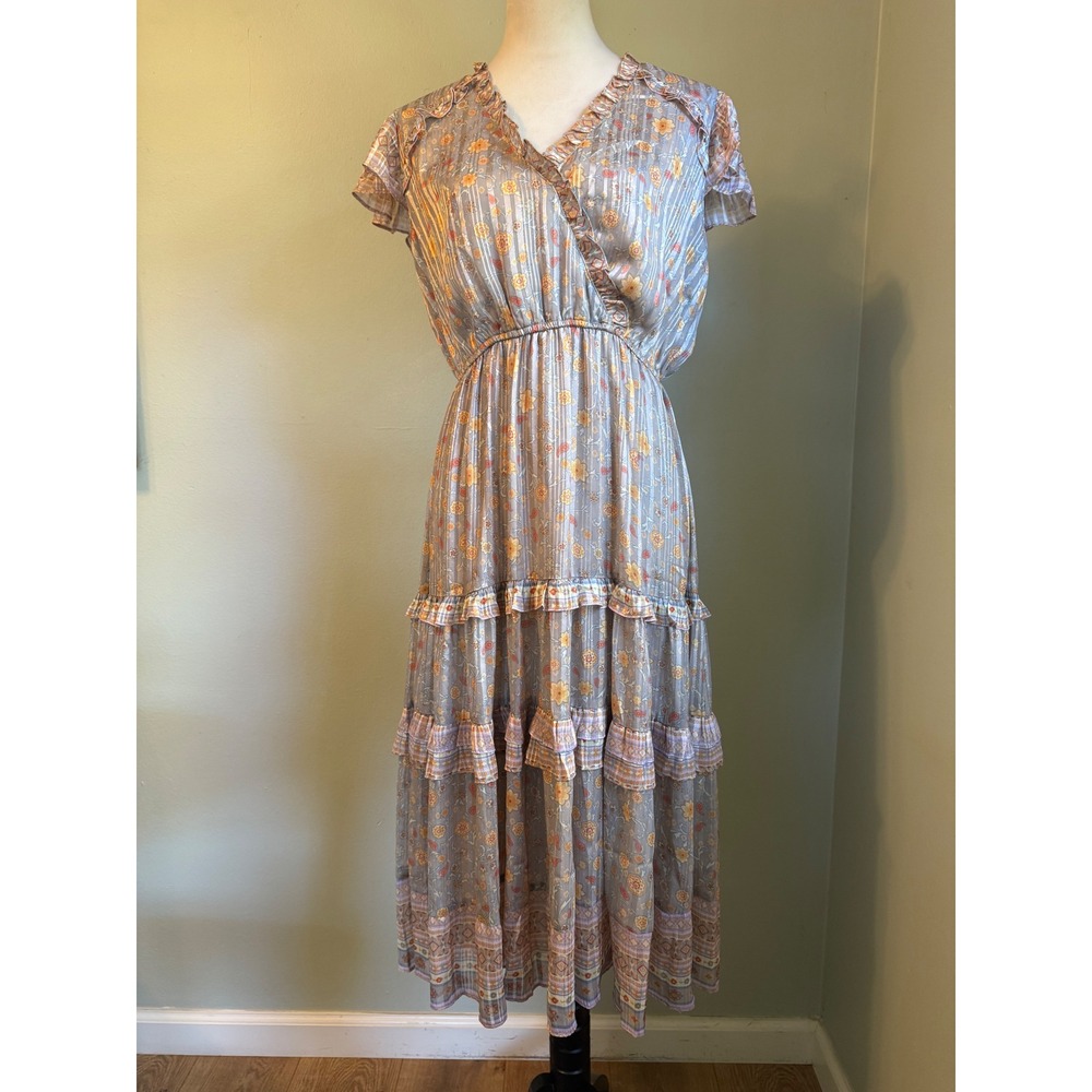 Current Air boho Floral Metallic Pleated Tiered Midi Dress Sm whimsigoth fairy